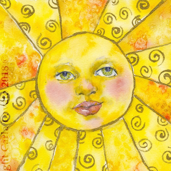 Sun face, Sun face wall art, 5x7 Giclee matted Print, sun face painting, Watercolor of Sun,  Childs decor, Sun goddess painting