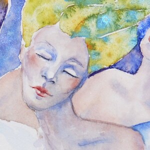 May include: A watercolor painting of a woman with her eyes closed, her hair is a vibrant yellow with blue and green accents. The woman's skin is a pale blue and her lips are a soft pink.