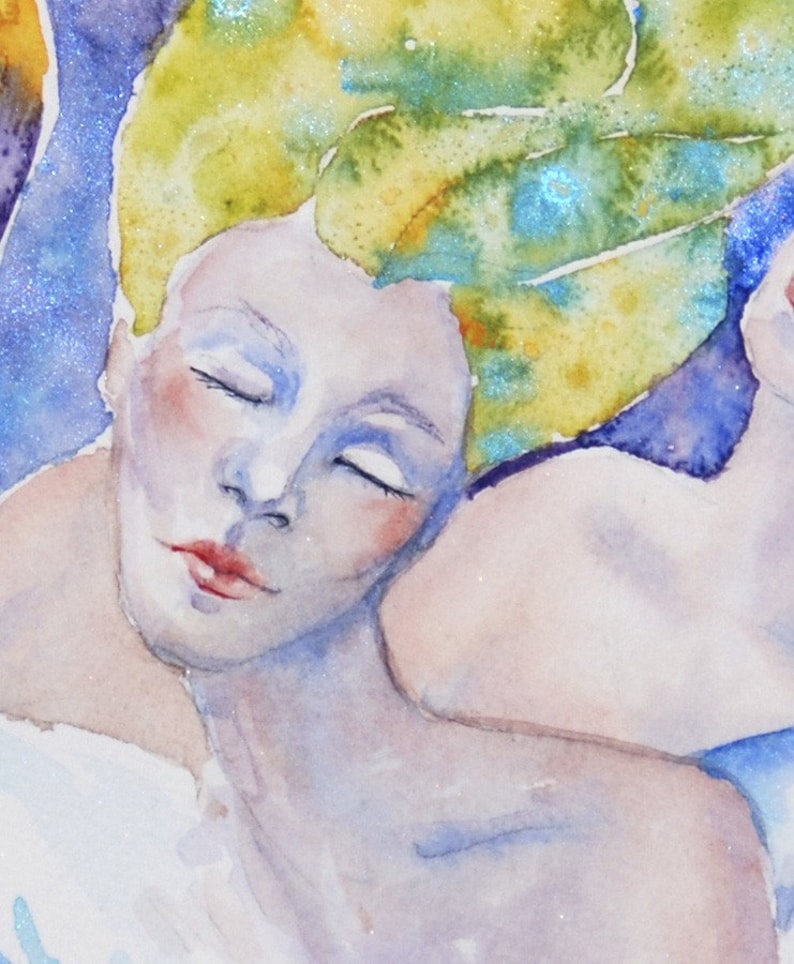 May include: A watercolor painting of a woman with her eyes closed, her hair is a vibrant yellow with blue and green accents. The woman's skin is a pale blue and her lips are a soft pink.