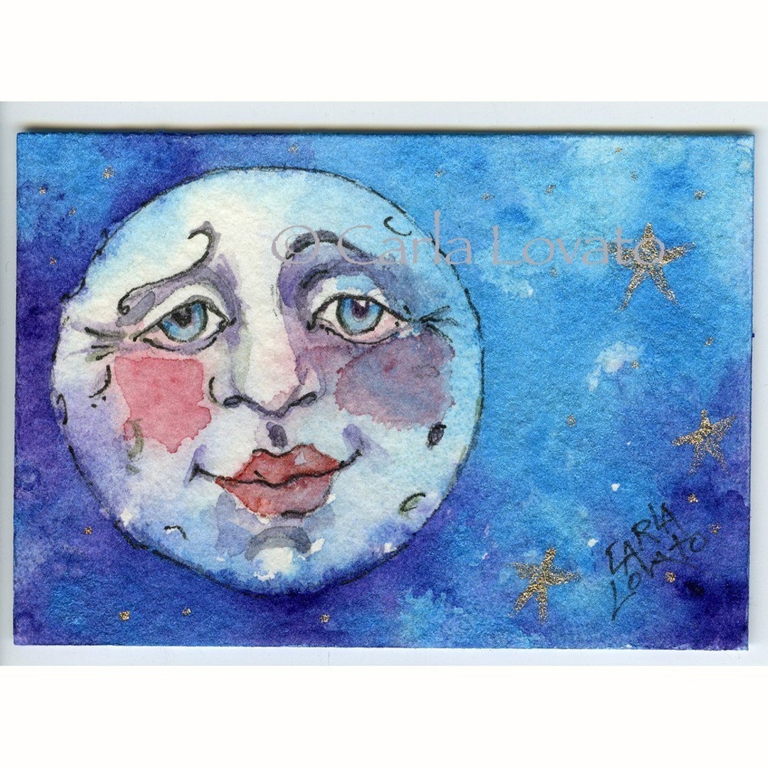 Blue Moon, Moon Painting, Moon Face, Moon and Stars, Nursery
