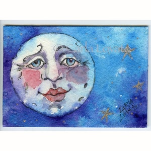 Blue moon painting, Aceo size, giclee print, Moon face, Hand painted touches, tiny painting, sweet kissable lips