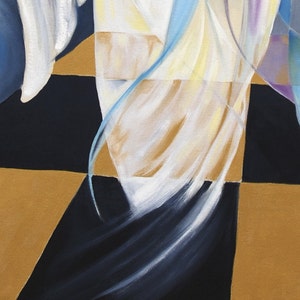 May include: Abstract painting with white, blue, and gold colors. The painting features a swirling, flowing design with a checkered background.