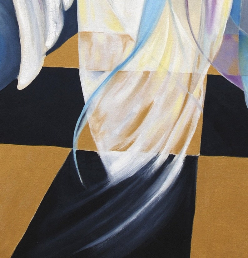 May include: Abstract painting with white, blue, and gold colors. The painting features a swirling, flowing design with a checkered background.