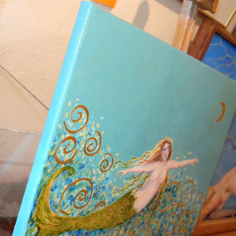 Mermaid Painting, Original oil painting, Nude mermaid, Nautical Art, Oil on Canvas, 16 x 20 inches, With 23 kt gold accents image 2