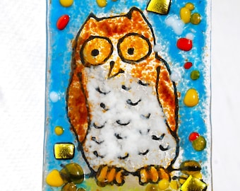 Owl Night Light, Childs light, Hand Made, Fused Glass, nursery decor, woodland light, wall light, glass night light,
