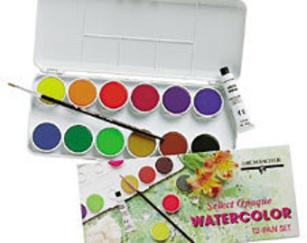 Watercolor Paint, fine art, painting travel set, 12 pan kit, sable brush, Grumbacher paints, artist gift, watercolor kit, watercolor paints,