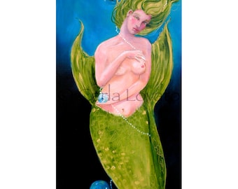 Mermaid painting,  Goddess art,  Mermaid Oil, Fine art, wall art, giclee print, coastal decor, green, cobalt blue, nude with pearls,