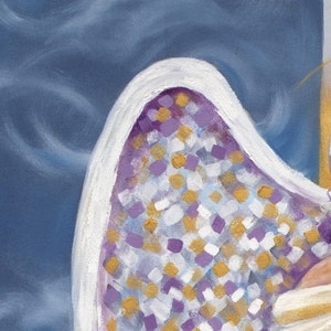 May include: A close-up of a purple, white, and gold patterned wing with a white border. The wing is painted on a blue background.