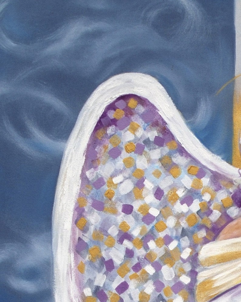 May include: A close-up of a purple, white, and gold patterned wing with a white border. The wing is painted on a blue background.