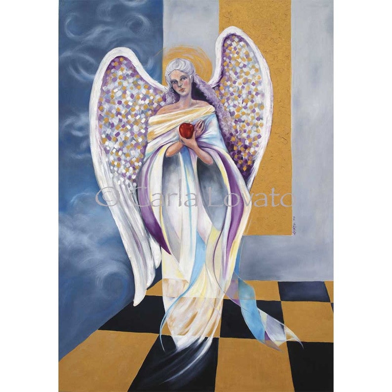 May include: A painting of an angel with white wings and a purple robe, holding a red heart. The angel is standing on a checkered floor with a gold background.