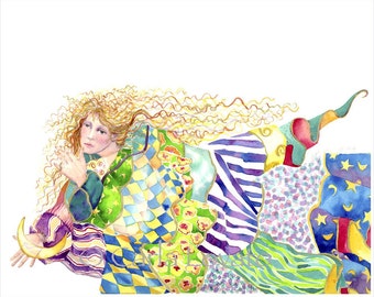 Watercolor Painting, dream Goddess,  Giclee Print, 5 x 7 print, Goddess art, woman dreaming, quilt art,