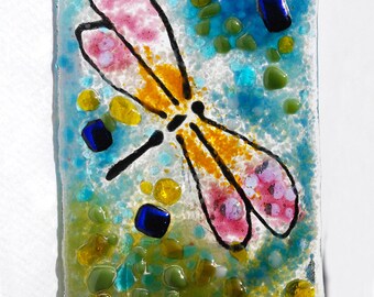 Night Light,  Dragonfly light,  fused glass,  Hand made, nightlight, Orange, blue green, cranberry, glass dragonfly
