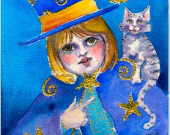 Cat painting, Folk art, Wizard, original painting, watercolor painting, Gold leaf, childs room decor, folk art cat,