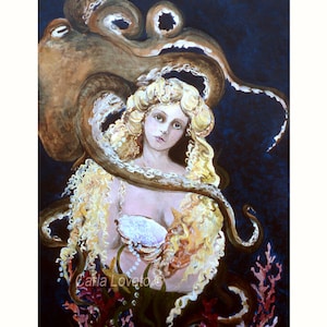 Mermaid painting, octopus painting, oil painting, giclee print, ocean painting, goddess of the sea, goddess art, beach decor, ready to frame