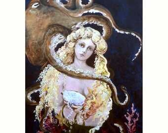 Mermaid painting, octopus painting, oil painting, giclee print, ocean painting, goddess of the sea, goddess art, beach decor, ready to frame