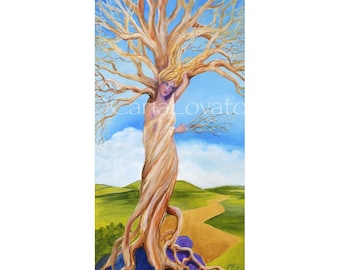 Goddess art,  Goddess of trees,  Original painting, tree spirit, celtic art, Wall art, woman in a tree, fantasy, surreal, home decor