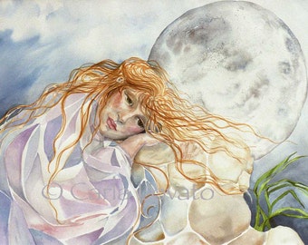 Moon Goddess, moon painting, fantasy painting, moon landscape, Woman waiting for the moon, woman portrait, watercolor painting