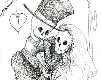 Day of the Dead, Skeleton Wedding, 8.5 x 11 Giclee Print from Pen and ink illustration, Gothic wedding, Bride and Groom gift