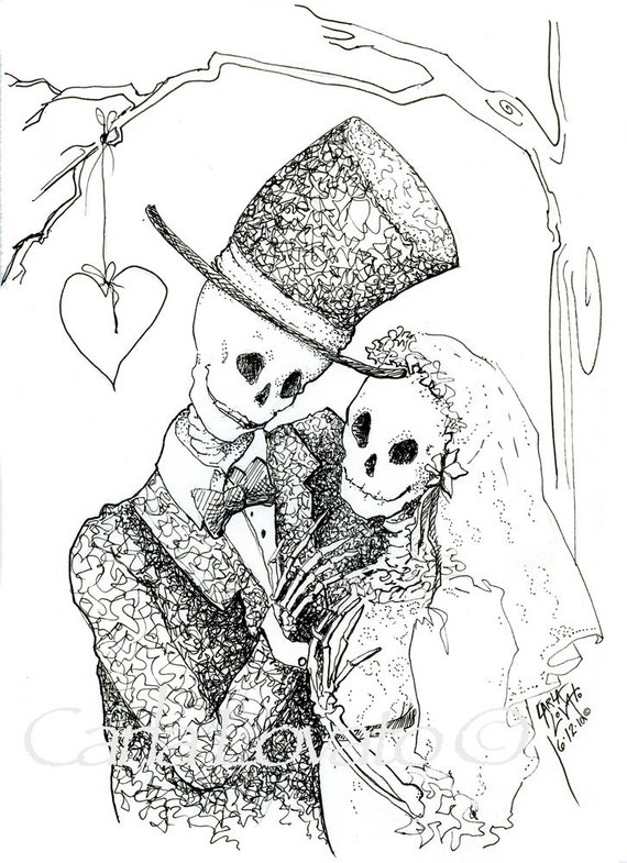 Pen And Ink Drawing Skeleton Wedding Halloween Wedding Day Etsy
