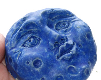 Blue Moon Face, Nursery wall art, wall sculpture, Ceramic clay moon, Hand sculpted clay, blue moon, garden art, home decor, celestial art