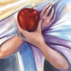 May include: A woman's hand holds a red apple in front of her chest, with her other hand resting on her arm. The woman is wearing a white and purple robe.