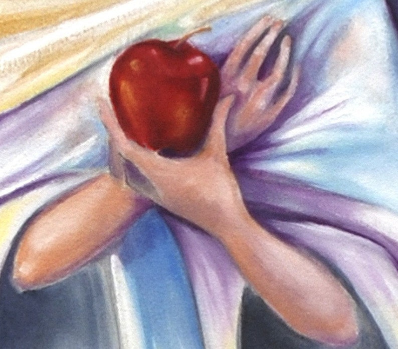 May include: A woman's hand holds a red apple in front of her chest, with her other hand resting on her arm. The woman is wearing a white and purple robe.