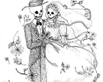 Day of the Dead, Skeleton Bride and Groom, Skeleton Wedding, 8.5 x 11 Giclee print of Pen and ink Illustration