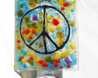 Night Light, fused glass, Hand Made, Groovy Peace sign, nightlight fixture, Tie dye colors, Glass night light, art glass, wall light,