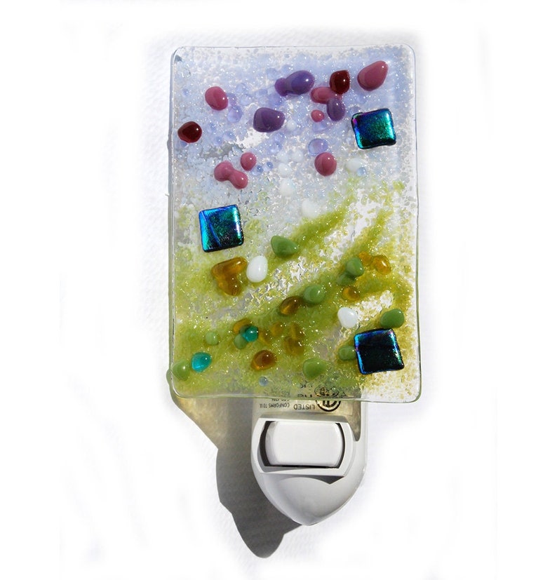 Glass Night Light, hand made, Lavender olive green cranberry Fused glass Art image 1