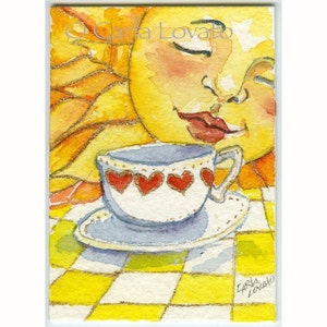 Sun Painting, Watercolor, tiny Sun face, Coffee Cups, ACEO sized,  Giclee Print, Tiny Miniature, celestial decor, childs art,