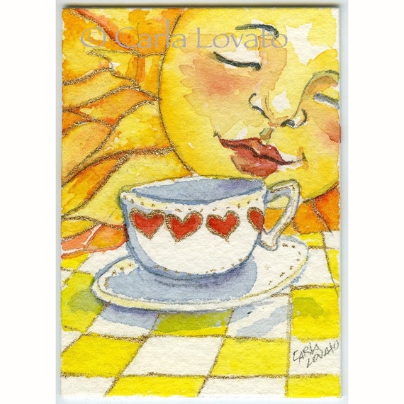 Sun Painting Watercolor Tiny Sun Face Coffee Cups Aceo Etsy
