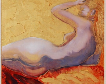 Nude Woman, Giclee Print,  from Oil Painting, Boudoir Painting, Modern art, Abstract, Fine Art Print, Nude Figure, Study in Gold and Red