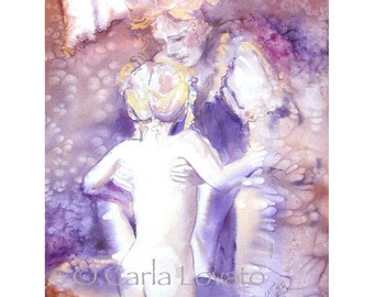 Mother and Child Watercolor painting - Giclee Print - motherhood children bath