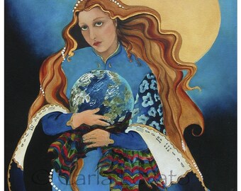 Goddess Art, Mother Earth, Goddess oil Painting, Giclee Print, 11 x 14 inches, Celestial goddess, Earth day, spirit painting, cobalt blue