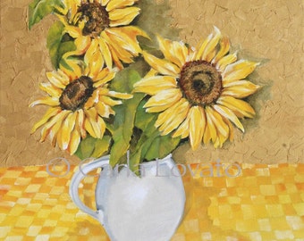 Sunflower Giclee print, 8 x 10 inches, yellow checkered table cloth, still life with flowers