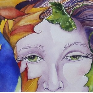 May include: A watercolor painting of a woman's face with a purple hue. Her eyes are green and her eyebrows are a light purple. A green leaf is on her forehead and a yellow leaf is on her cheek.