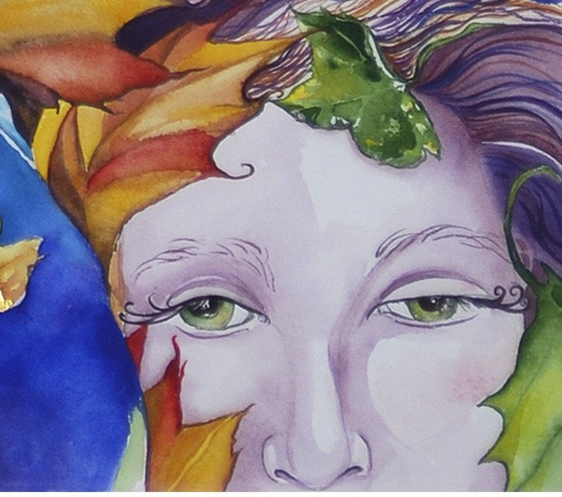 May include: A watercolor painting of a woman's face with a purple hue. Her eyes are green and her eyebrows are a light purple. A green leaf is on her forehead and a yellow leaf is on her cheek.