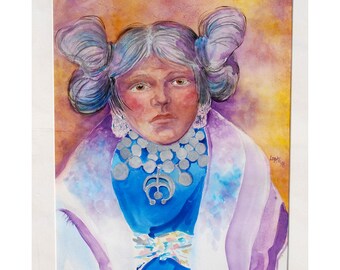 Original Painting, Native American, watercolor Portrait, Hopi Maiden, Southwestern art, southwest decor, native american decor, earth tones