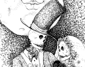 Day of the Dead, Skeleton Wedding, 5 x7 inch Giclee print of Pen and ink illustration, wedding, valentines day