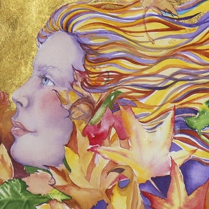 May include: A watercolor painting of a woman with long, flowing hair that is a mix of yellow, orange, and purple. The woman's face is partially obscured by leaves and flowers in shades of yellow, orange, red, and green. The background is a gold color.