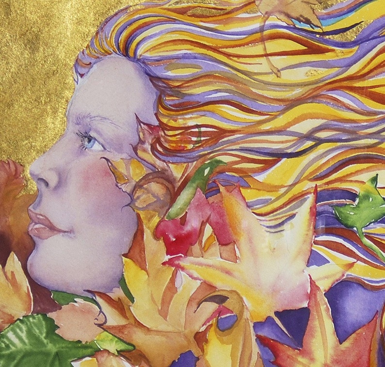 May include: A watercolor painting of a woman with long, flowing hair that is a mix of yellow, orange, and purple. The woman's face is partially obscured by leaves and flowers in shades of yellow, orange, red, and green. The background is a gold color.