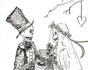 Skeleton Wedding, day of the dead, ink illustration, Bride and Groom, Giclee Print ink drawing,