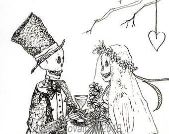 Skeleton Wedding, day of the dead, ink illustration, Bride and Groom, Giclee Print ink drawing,