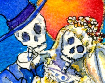 Day of the dead, Wedding, Skeleton, Bride and Groom, ACEO Miniature, Giclee Print