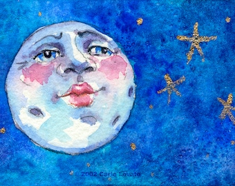 Blue Moon, Moon painting, Moon face, Moon and stars, nursery decor, wall art, 5 x 7 Giclee print