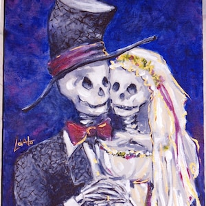 Skeleton Day of the Dead Wedding, Giclee Print, 5 x 7 matted to fit 8 x 10 from Acrylic painting image 1