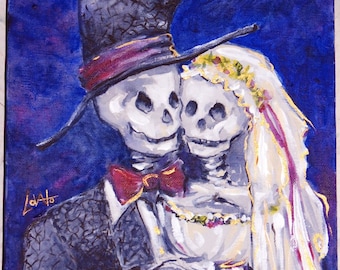 Acrylic Painting, Skeleton wedding, Skeleton bride, October wedding, Day of the Dead Wedding, Giclee Print 5 x 7, Wedding gift