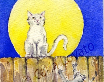 Cat painting, Folk art cat, Cat and Moon, moon painting, Moon and cat, watercolor cat