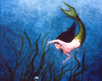 Mermaid painting, Oil Painting, skeleton and mermaid, 5 x 7 Giclee Print, goddess of the sea, Ocean painting, Fantasy Art