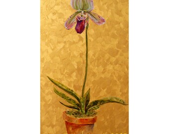 Lady Slipper Orchid, Giclee Print, 8.5 x 15 inches, Floral painting, Garden Art, Woodland decor, wall art